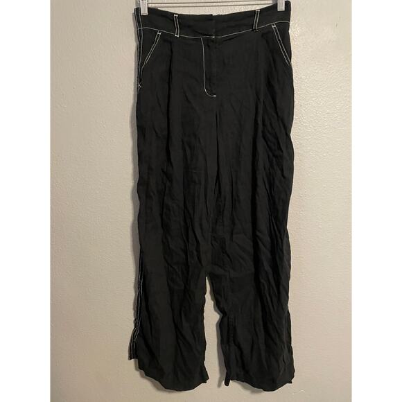 Jonathan Simkhai Pants Womens 12 Black Linen Blend Contrast Stitch Wide Leg - Picture 1 of 8